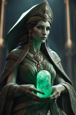 highly detailed marble and jade sculpture of a female necromancer, transparent nail polish, beautiful hands, stunning face, volumetric fog, Hyperrealism, breathtaking, ultra realistic, unreal engine, ultra detailed, cyber background, Hyperrealism, cinematic lighting, highly detailed, breathtaking, stunning environment