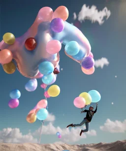 Ultra realistic speed clouds sky scene, wide angle view, sweet men falling down, Childs, feather inflatable color clothing, free jumping flying, many trinkets, hair monster, many jelly beans, balls, color smoke, smile, happy, circus style, extreme, wind, clouds sea, 20,000 feet altitude, stratosphere, soft color, highly detailed, unreal engine 5, ray tracing, RTX, lumen lighting, ultra detail, volumetric lighting, 3d, finely drawn, high definition, high resolution.