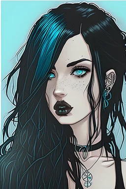 Realistic comic book style, beautiful, cute young gothic goddess, many freckles, button nose, very long black hair, very messy hair, braided black hair, white streaks in hair, full lips, black lipstick, dark makeup, glowing aquamarine eyes, nose piercing, eyebrow piercing, multiple ear piercings, wearing a hooded black sleeveless tank top, bright white tattoos, Nordic, digital art, masterpiece, trending on artstation, full body