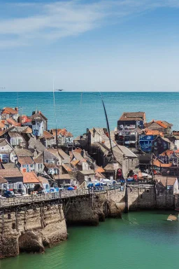 gothic, medieval, fishing town, rocks, long piers, fishing boats, shops, blue sky