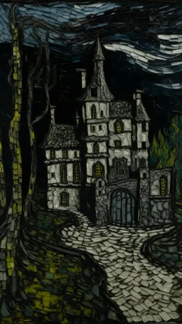 A black chateau in a demented shadow realm designed in Ica stones painted by Vincent van Gogh