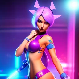 Ana de Armas naked as jinx from arcane standing in a nightclub with light blue hair and long blue plats, blue tattoos on arms, stomach showing, bullet belt with guns, alluring, bedroom scene, cosplay, photo realistic,