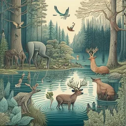 A detailed illustration with forest animals at the egde of a forest drinking from a lake.