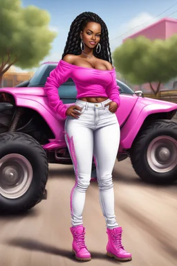 Create a digital airbrush cartoon of a curvy African American female wearing tight white jeans and a off the shoulder hot pink blouse. She is also wearing timberland boots. Prominent make up with hazel eyes. Highly detailed very long extremely braids of black hair. Her skin is smooth and silky. Background of a track of ATV riders.