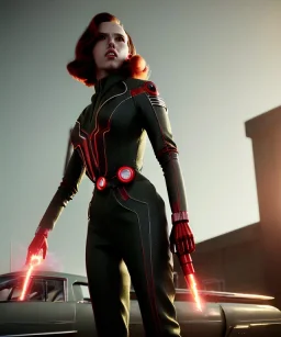 retro sci-fi portrait image from 1960, supermarket parking explosion, fire, classic black widow, young Scarlett Johansson, tight lycra suit, soft color, highly detailed, unreal engine 5, ray tracing, RTX, lumen lighting, ultra detail, volumetric lighting, 3d, finely drawn, high definition, high resolution.