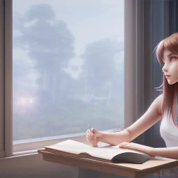 Anime, female student studying under window, studying lesson, perfect face, cool face, ultra detail, unreal engine 5, cinema4d, sun light, studio lighting --ar 1:1 --v 4