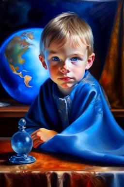 oil painting portrait of metallic slightly cute smirking innocent blue eyed vampire on a towel behind table with a shining globus earth, bokeh , high detail, smooth render, prize winning, down light, depth of field, aura