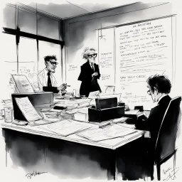 [in her dark office with a pervert smile, by Ralph Steadman] A notification appears on your screen: "New case assigned. Case 127-B: Request for a promotion to a higher position." Your boss, Magister Lucifer, had made it clear that you need to process at least two cases per day.