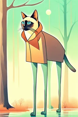 Surrealist minimalist illustration of [siamese cat] with extremely long slender legs, standing in [forest], wearing [a raincoat], under [tree]. Calm composition, full body view, centered, soft pastel gradients in the background, textured painterly style, smooth shading, clean lines. –no multiple characters, no clutter, no photorealism, no busy background