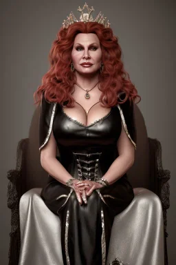 Jennifer Coolidge as evil queen in leather gown, sitting on a throne, cleavage, angry, stern look, unreal 5, octane render,cinema4d, dynamic lighting, dramatic lighting, 4k, redshift render, highly detailed, hyper realistic