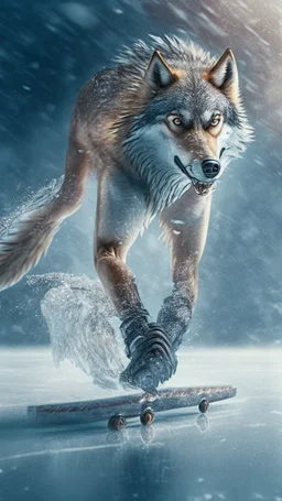 Wolf, skating on ice, realistic image, movie scene hdr 8k