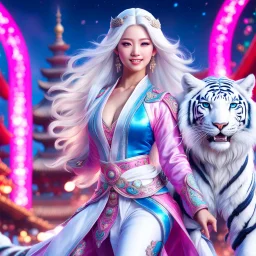 (masterpiece, best quality, 8k, RAW photo, beautiful and aesthetic:1.2), complex detail, Indirect light, photorealistic, (((full body))), 2 Gorgeous Cosmic asian goddess smiling, long curved white hair, blue eyes, Mixed, sci-fi and traditional asian outfit with pink velvet and white furs, riding a white tiger running in a colorfull snowy Sci-Fi landscape with bokeh