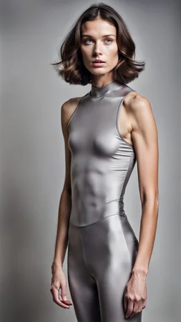 photography of a beautiful anorexic woman, grey satin triathlon top, brunette wavy bob haircut, flat chest, grey satin cycling leggins
