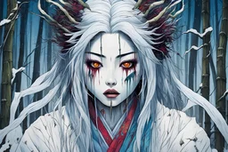 full color front facing portrait of a Yuki-Onna possessed woman with highly detailed hair and slim, narrow facial features, in a haunted snow clad, winter mountain bamboo forest, pierced by shafts of moonlight , danger lurks everywhere but she is undeterred and resolute in her purpose, art in the style of Alex Pardee, spirited away, studio ghibli, , 8k , finely detailed and precise line work, soft gauzy pastel colors