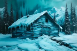 A cyan freezing snowfield with a cozy cabin painted by Leonardo da Vinci