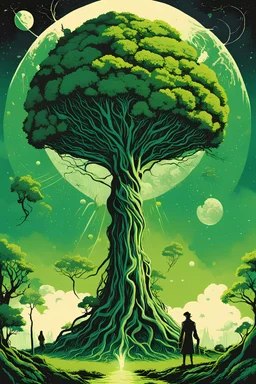 The giant is planting a big green tree, first contact concept art, silkscreened mind-bending illustration; sci-fi poster art, asymmetric, futurism