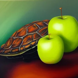 Oil painting style turtle and apple