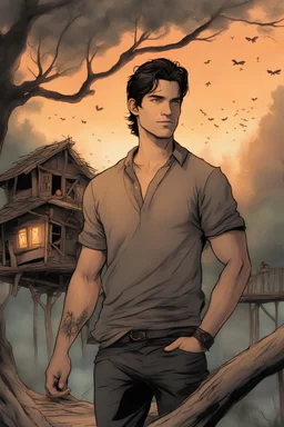 masculine fighter with a in a black linen shirt with, rune tattoos and short dark hair, in the background treehouse settlement with fireflies, m fantasy style. A soft-focus image of the golden sunset streaming through the trees, casting a warm glow Tyler Posey and the surrounding foliage., create in inkwash and watercolor, in the comic book art style of Mike Mignola, Bill Sienkiewicz and Jean Giraud Moebius, highly detailed, gritty textures,