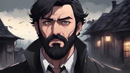 (masterpiece), best quality, expressive eyes, perfect face, Men, 38 years, 176 cm tall, Short black hair, black bearded beard, (masterpiece) draw, horror art style, dark horror style, serious face, investigator, in village background, draw, anime art style, detective