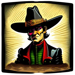 Caricatura de un hombre con sombrero vaquero de aleron grande negro cara levantada cuerpo completo