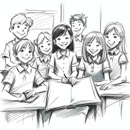 Happy students in class with teacher pencil sketch