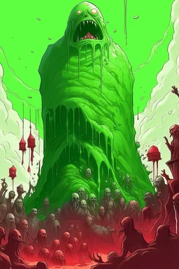 Terrifying image of a slime dnd artstyle, Towering over a helpless party of heros