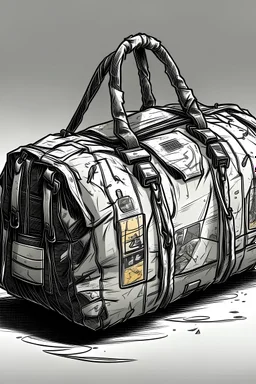 duffle bag, in a comic book, post-apocalypse, gray background,