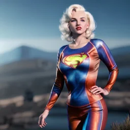 Realistic image classic superhero portrait, waist up view, blonde woman, sweet Marylin Monroe face, perfect iris, glow eyes. tight lycra tights suit, epic style, vibrant color, highly detailed, unreal engine 5, ray tracing, RTX, lumen lighting, ultra detail, volumetric lighting, 3d, finely drawn, high definition, high resolution.