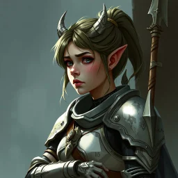 A digital illustration of a young orc woman lost in thought and wearing light armour