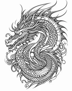 dragon tattoo idea, line art, background, vector, svg, coloring book page style, black outline on white background, leave plenty of white space beetween lines for coloring, minimalist, tattoo style, tattoo idea