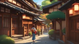 Cartoon pixar style a warm and vibrant scene in a cartoon style. The protagonist is a beautiful brown-haired lady with her backpack, exploring a traditional Kyoto street. The bright sunlight reflects off the polished wooden surfaces, highlighting the vibrant colors of the surroundings. The lady has a joyful expression, sparkling eyes, and a contagious smile. Her posture is relaxed as she wanders with curiosity and excitement, perhaps discovering the charm of Kyoto.