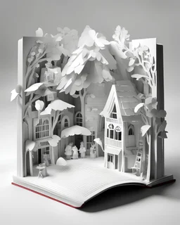 a book market; Papercraft, fairytale, children popup book, soft shadows, ambient occlusion, studio lighting, high quality studio advertising photography, 8k, white paper, white background, monochromatic