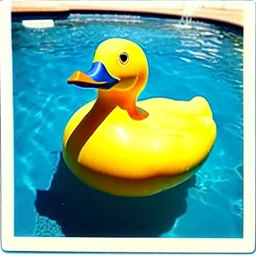 a very beautiful picture of a giant rubber duck in a pool, polaroid