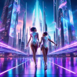 Detailed, highly intricate 3D fractal recursive art, with dancer girls wearing modern fashionable clothing, dancing in a magical, futuristic cityscape with towering skyscrapers, hovering vehicles, and glowing neon lights. The city has an otherworldly, dreamlike quality, with a sense of wonder and escape. Hyper-realistic, 8K resolution, cinematic lighting, stunning detail