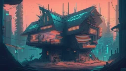 Wooden Cabin In futuristic cyberpunk city, comic style