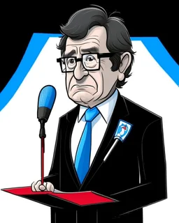 Caricature of Javier Milei, president of Argentina, with glasses, reading at a lectern with a microphone, before the pulication. Behind Javier Milei there is an Argentine flag. Colors of the image, red, black and white