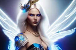 A beautiful portrait of a cute smiling cyberpunk woman with wings, long blond platinum hair, luminous blue eyes, high key lighting, volumetric light high details with blue and white stripes and feathers and white luminous celtic paterns, beam starry background