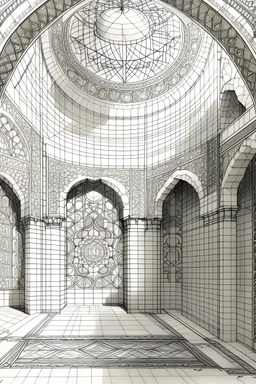 Drawing, building plan, architectural plan, architectural, inscriptions, Islamic, art, geometric shapes, decorations, mosque, mosque roof, dome, inside the mosque, plant shapes, large, prominent, clear inscriptions, carpets, stones, sunlight, shadow And the light, pencil drawing