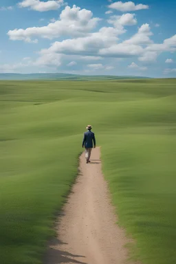 A man walks on a path surrounded by green land and a beautiful blue sky