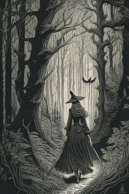 in the style of a Henry Justice Ford drawing, a beautiful witch walks through a forest