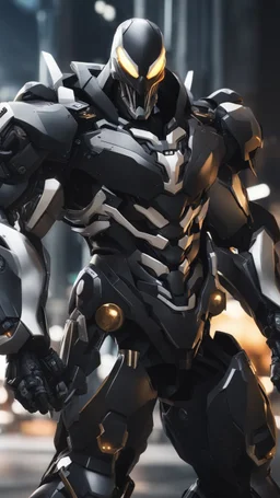 a close up of a Mega Giant in a venom suit, venomized, goth cybersuit, anime mech armor, overwatch character concept art, cyber skeleton, cyber japan armor, cyber fight armor, cyberpunk venom , hard surface character pinterest, reaper from overwatch, black heavy armor, mecha anthropomorphic penguin, mecha suit, venom mecha, muscular! cyberpunk