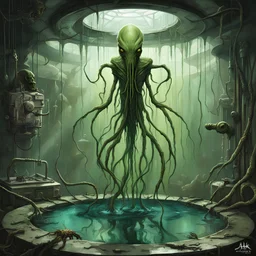 Matte oil paining for sci-fi movie, in an abandoned messy lab an alien insectoid ectomorphic tentacled creature suspended in greenish viscous liquid in a large glass vat with a leaking crack in it, small greenish pool on floor, art from beyond, dramatic, poster art masterpiece!, by Jakub Rozalski and H.R. Giger