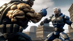 High quality medium shot of Senator Armstrong getting repeatedly punched by Donald Trump, epic, buff, standing, rooftop, dust, Metal Gear Rising