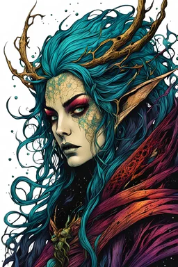 highly detailed color woodcut concept illustration of a world weary, female Sea Elf sorceress character , maximalist, sharp focus, highest resolution, in the styles of Alex Pardee, Denis Forkas , Bill Sienkiewicz, and Masahiro Ito, boldly inked, 8k, coarse, gritty textures