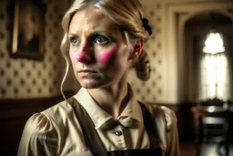 ww1 very sad blonde maid talking close-up standing up looking to the camera, ww1 mansion room background