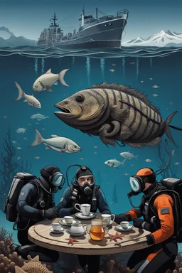 An image of a dried up ocean, 2 divers with full gear are having tea at a round table, background are dead fish, a ship reck, starfish