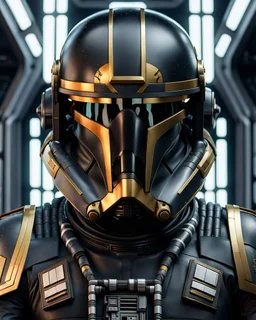 star wars bald male corellian pilot wearing dark gunmetal grey and black First Order special forces TIE pilot armored flightsuit and helmet with gold trim inside the jedi temple, centered head and shoulders portrait, hyperdetailed, dynamic lighting, hyperdetailed background, 8k resolution, volumetric lighting, light skin, fully symmetric details