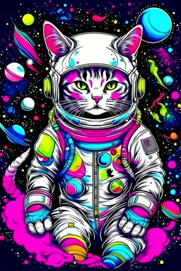 gato adolecente espacial, con atuendo colorido ambiente festivo