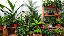 A photo of an indoor jungle with a variety of tropical plants. There are large plants with big leaves, like palms and ferns. There are also smaller plants with colorful flowers. The plants are placed in pots of different sizes and shapes. The pots are arranged on wooden shelves, crates, and the ground. The background is a white wall with a few holes.