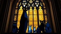 a majestic stained glass window inside a Gothic cathedral, featuring six stylized angular cats in geometric modern style. One large black cat, one blue-tinted cat, smaller cats in indigo and charcoal, one with a white face. Glowing yellow/amber eyes, dark silhouettes, simplified shapes. Intricate mosaic background in gold and bronze. Byzantine-inspired patterns. The stained glass window has lancet shapes, floral Gothic tracery, ornate lead frames. Light filters through, casting colorful glows in